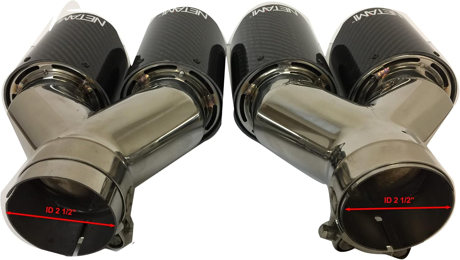 NETAMI 3" to 4" Quad Staggered Outlets Exhaust Tip Carbon Fiber Stainless Steel Blue Bolt-on A Pair