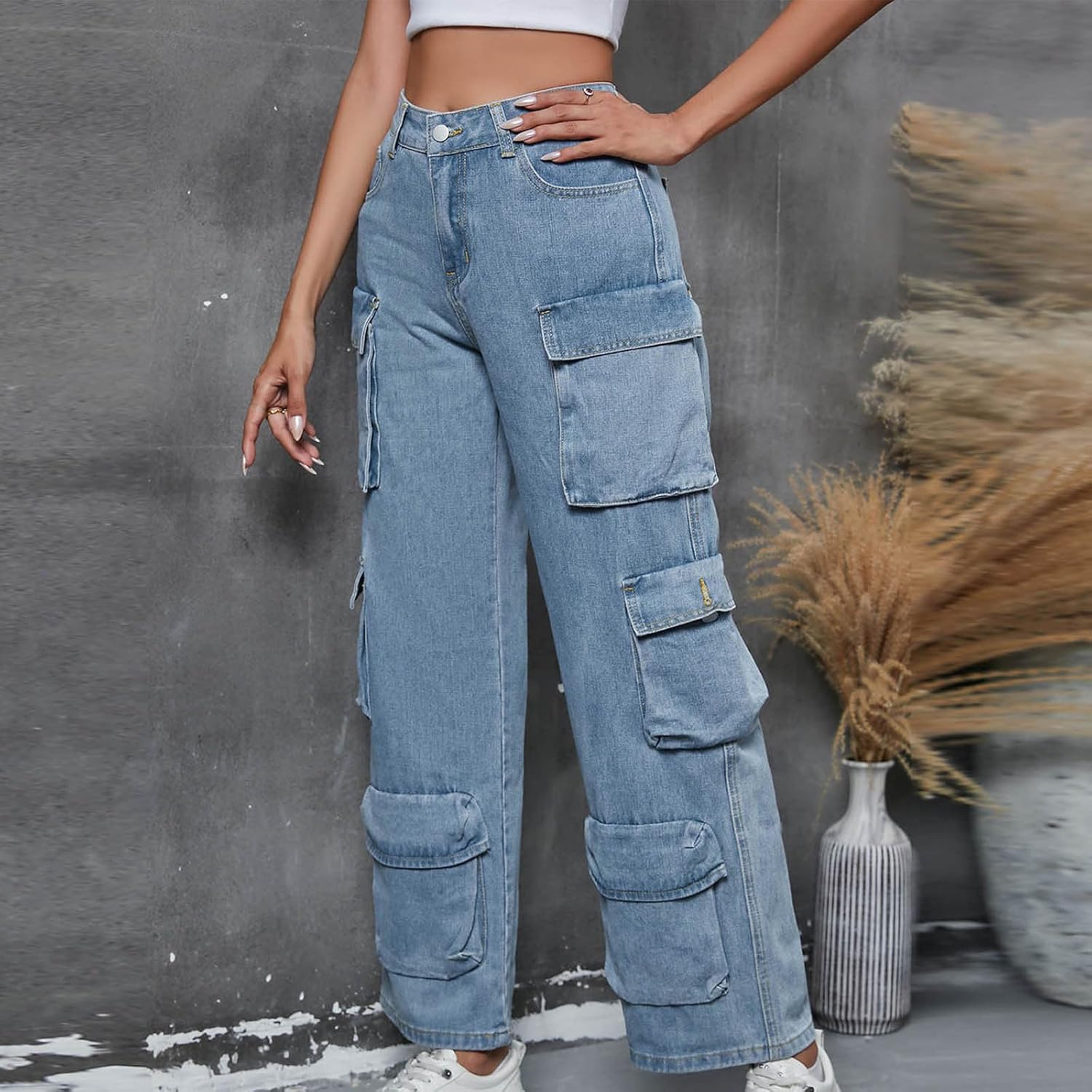 Womens Cargo Jeans Wide Leg Denim Pants Baggy Comfy Street Retro Trendy Zip Up Straight Cargo Pants with Pockets