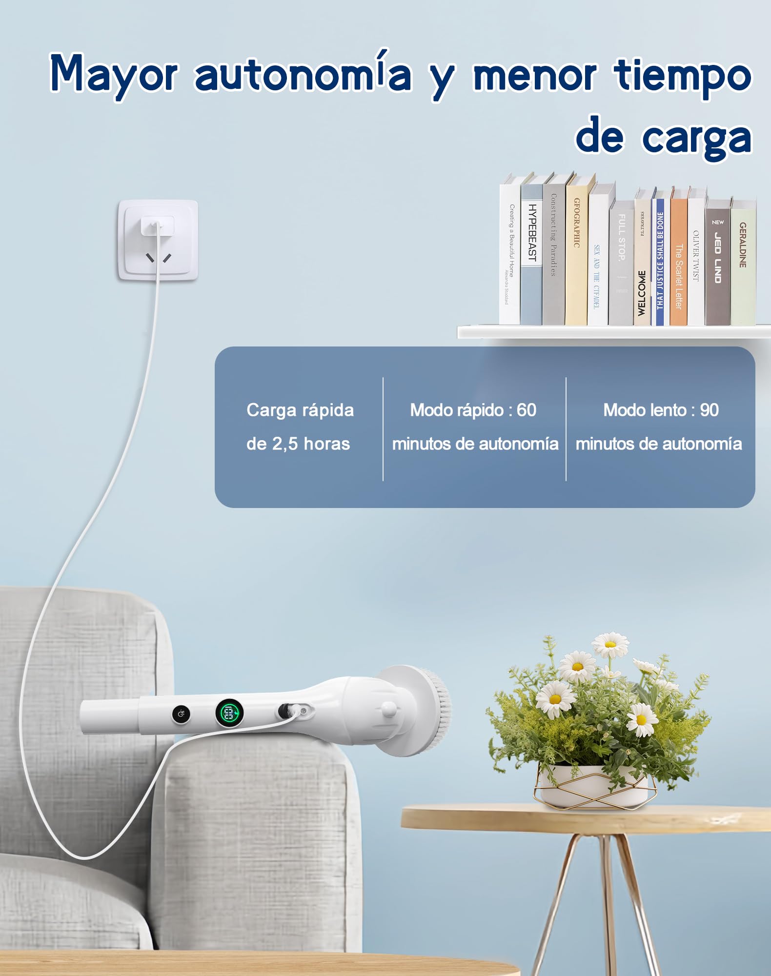 Cepillo Electrico Limpieza Hogar con 4 Cabezales Intercambiables, 2 Velocidades, Cepillo Giratorio Recargable con 2500 mAh Batería, IPX7 Impermeable, Mango Telescópico para Baño, Cocina, Suelos