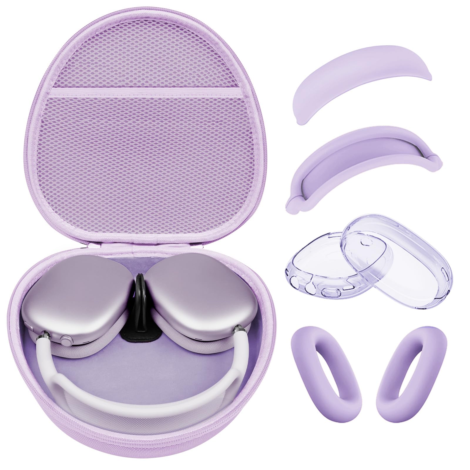 Hard Case for AirPods Max 2 Supports Sleep Mode, Travel Carrying Headphone Case with AirPods Max 2/1 Clear Ear Cups Cover/Silicone Earpad Case/Headband Cover, Protective Portable Storage Bag, Purple