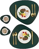 Vista 23 de Juego de 2 manteles individuales y posavasos de piel sintética, redondos de cuero para mesa de comedor, resistentes al calor, antideslizantes