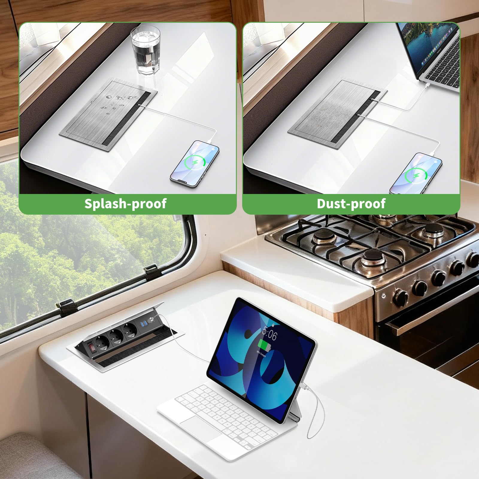 Aluminiowe gniazdko wtykowe z 2 USB-C PD 30 W i 2 USB-A, gniazdko do zabudowy, 3 gniazda z USB i przełącznikiem, wpuszczane gniazdko z USB, do sali konferencyjnej, domu, biura, kabel 1,8 m, 2400 W/10