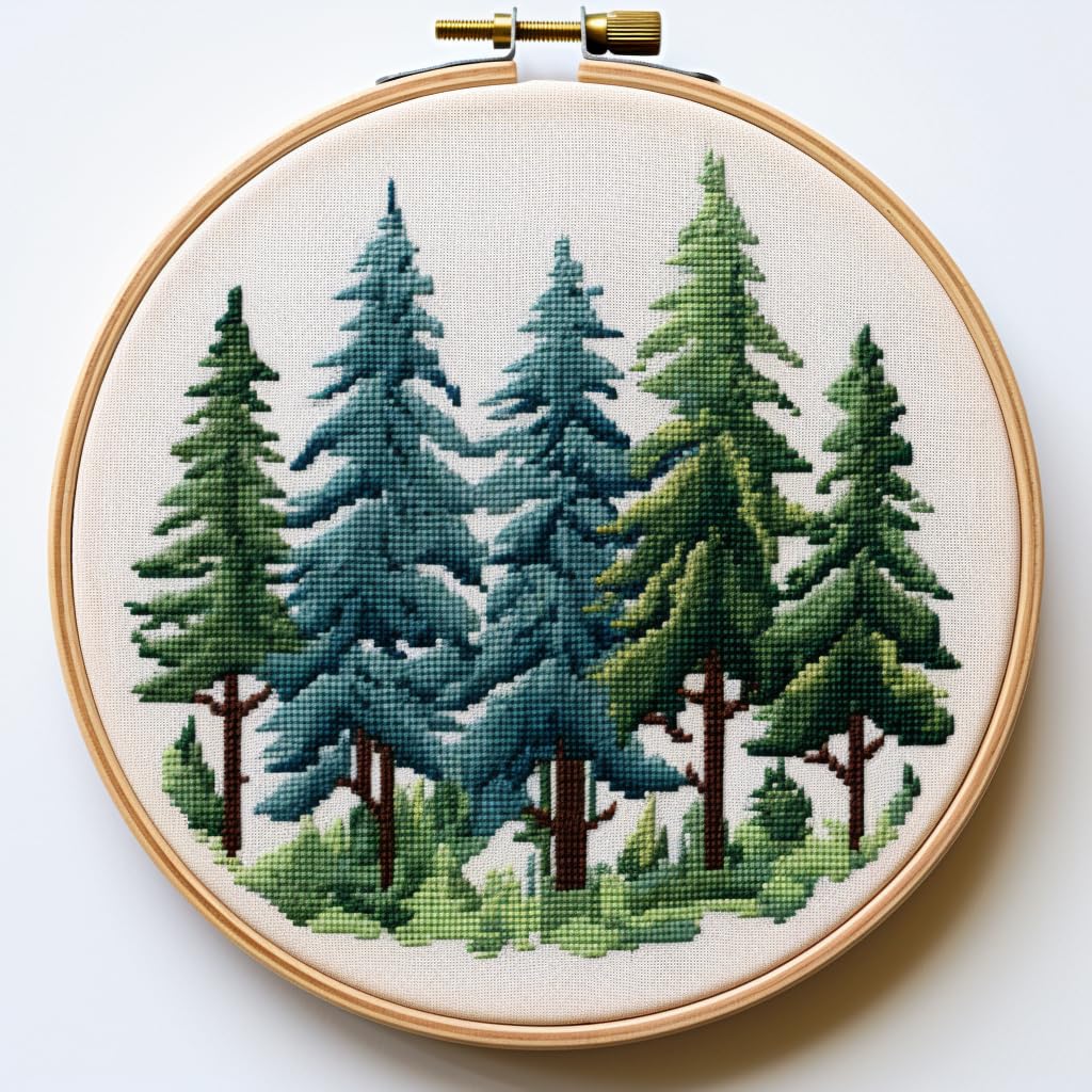 Generic Pine Trees 11CT Stamped Cross Stitch Kits Easy for Beginners Child with Hoop DIY Needlepoint Counted Embroidery Kits Art Craft Wall Decor 12x12IN(1)