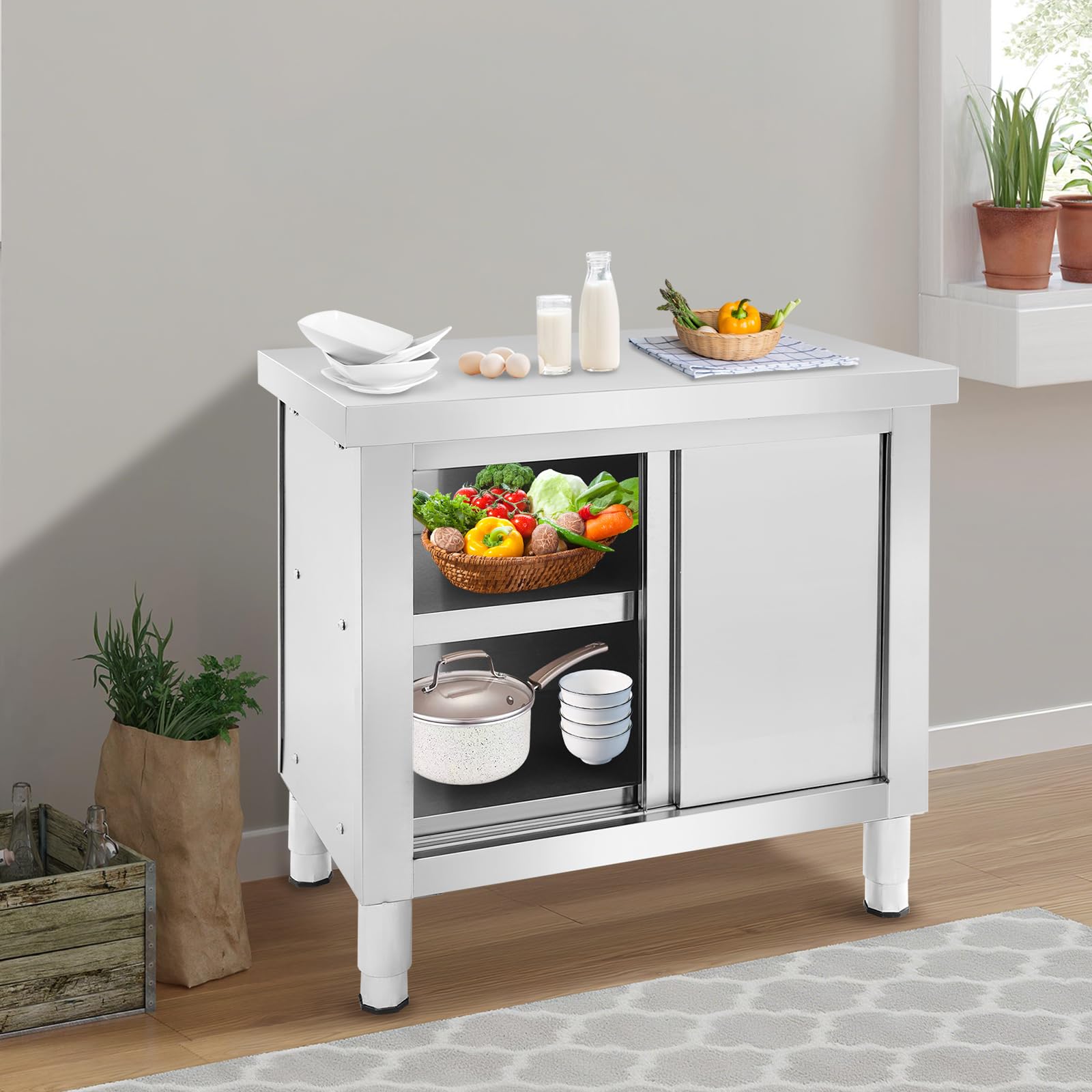 armadio in acciaio inox con ante scorrevoli, tavolo da cucina in acciaio inox per uso esterno, tavolo da lavoro indipendente per cucina da ristorante, garage e cucina (80 * 50 * 80 cm)
