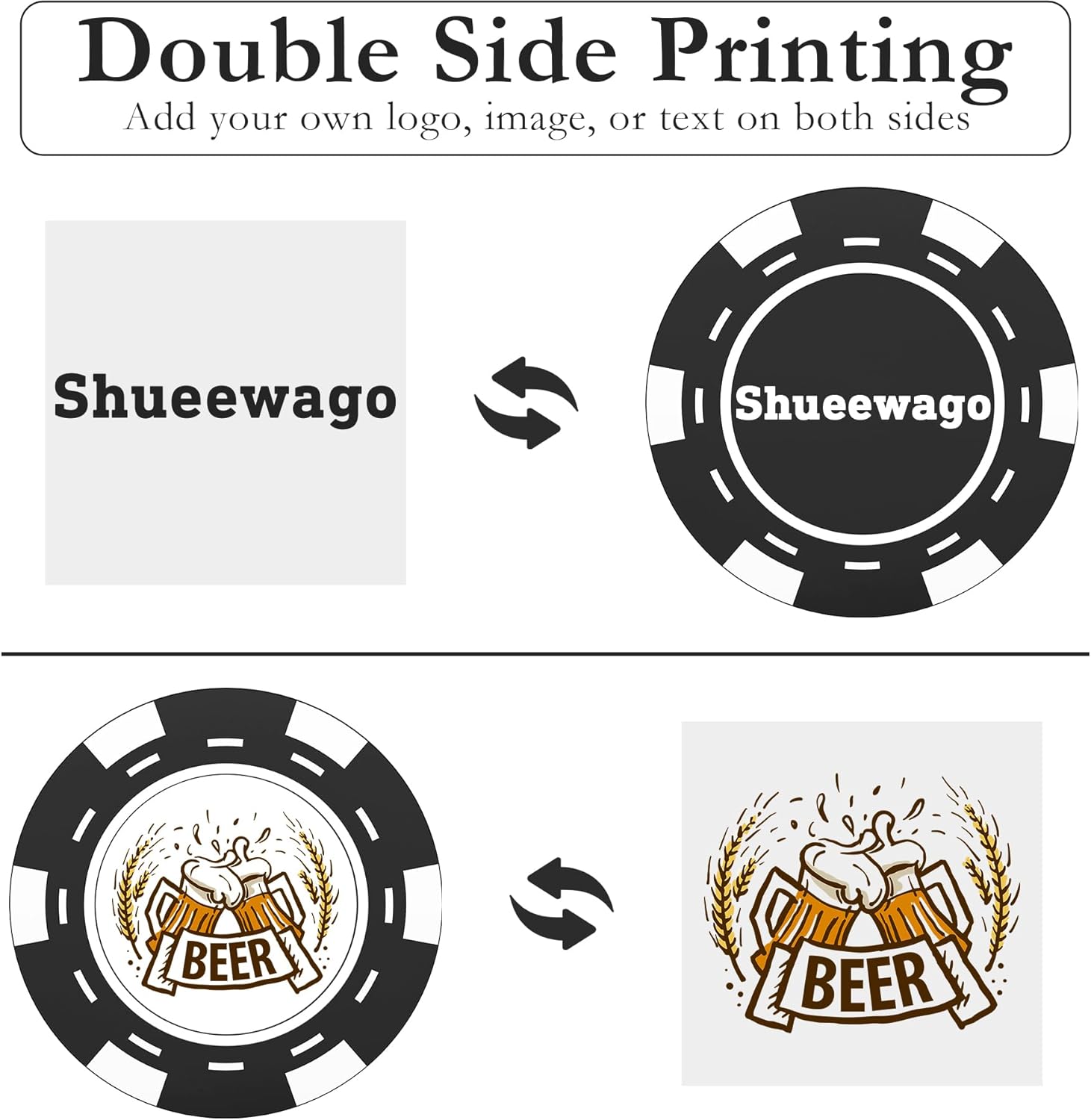 100 Custom Plastic Poker Chips for 9 Colors, Personalized Your Image or Text, Double Sided Full Color Print, Put Design on a Chip for Business Cards, Corporate Events, Drink Token