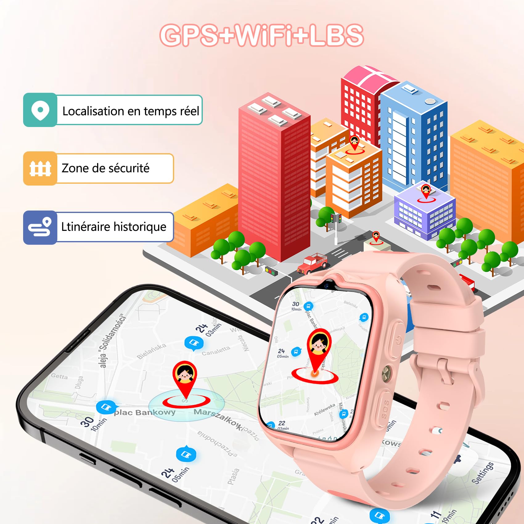 IOWODO Montre Connectée 4G pour Enfants GPS, Appels Vidéo, SOS, Lampe Torche LED, Mode Classe, Jeux, Appareil Photo, étanche IP68, Cadeau et Jouet pour Filles et Garçons