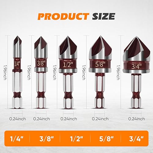 Miniatura 3 de Juego de 5 brocas avellanadoras de 82 grados HSS de alta calidad, tamaño 14"-34", vástago hexagonal de cambio rápido para madera, metal, plástico