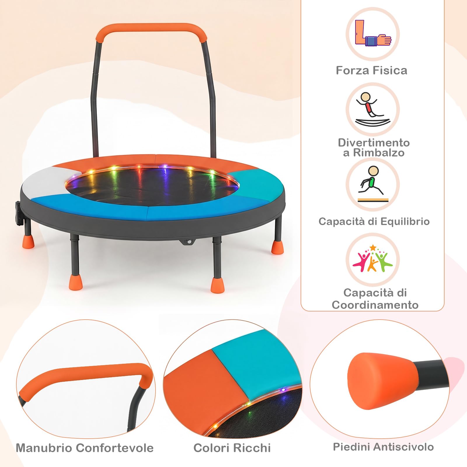 COSTWAY Trampolino per Bambini con Luci, Tappeto Elastico Pieghevole da Interno ed Esterno con Maniglia in Schiuma, Copertura Imbottita e Borsa, Trampolino per Bambini 3+ Anni