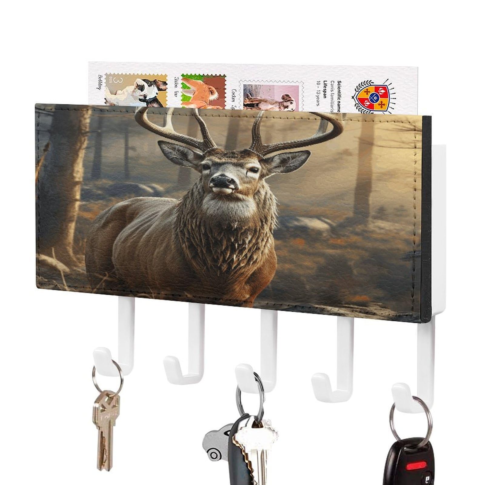 FekiLoot Deer Hunting Season Key Holder for Wall Decorative Mail Organizer with 5 Key Hook Self Adhesive Key Rack with Tray Coat Rack Wall Mount Key Hanger Decor for Entryway Door