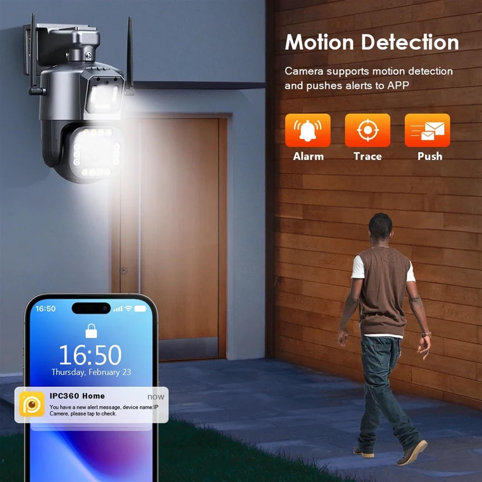Kamera Dzwonkowa, HD Podwójny obiektyw 8 MP Obrazy PTZ Kamera bezpieczeństwa Wi-Fi Kolor zewnętrzny Noktowizor System nadzoru wideo IP66 Automatyczne śledzenie(8MP NO Card)
