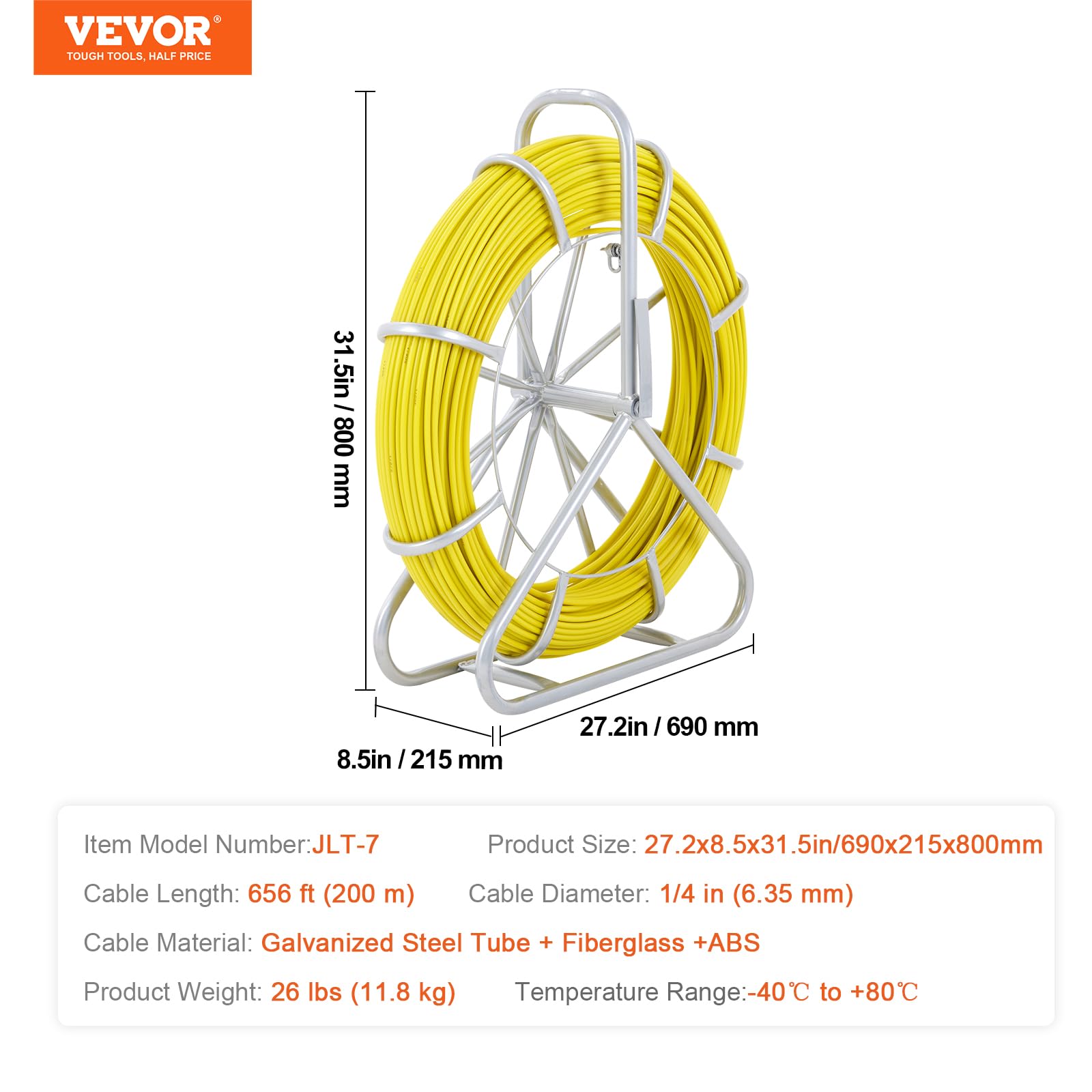 VEVOR Kabeleinziehhilfe Fiberglas, 200 m, 6,35 mm, Fishtape Wire Puller, Kabellaufstange mit Stahlrollenständer, 3 Zugköpfe, Angelwerkzeuge für Wände und elektrische Leitungen, nicht leitend
