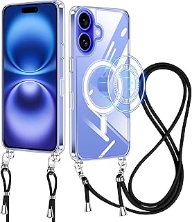 iPhone 16 用 ケース クリア ショルダー MagSafe対応 iphone16 用 スマホケース ワイヤレス充電 アイフォン16 カバー 肩掛け 斜めかけ 縄掛けケース PC+TPU 2重構造 透明 薄型 軽量 耐衝撃 長さ調整可能 取り外し可能 ネックストラップ ショルダー ケース 落下防止 紛失防止 (クリア)