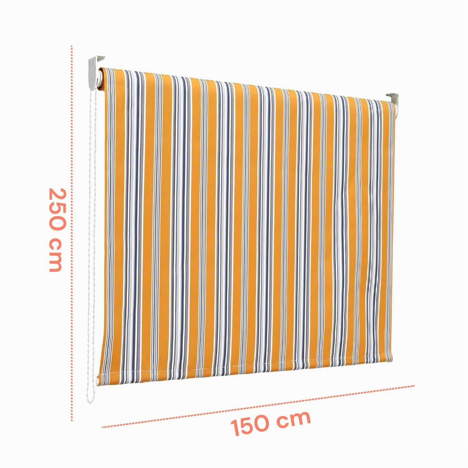 Tenda da Sole a Caduta 150x250 cm con Rullo in Alluminio, Parasole Esterno a Righe Gialle, Attacco Soffitto Incluso