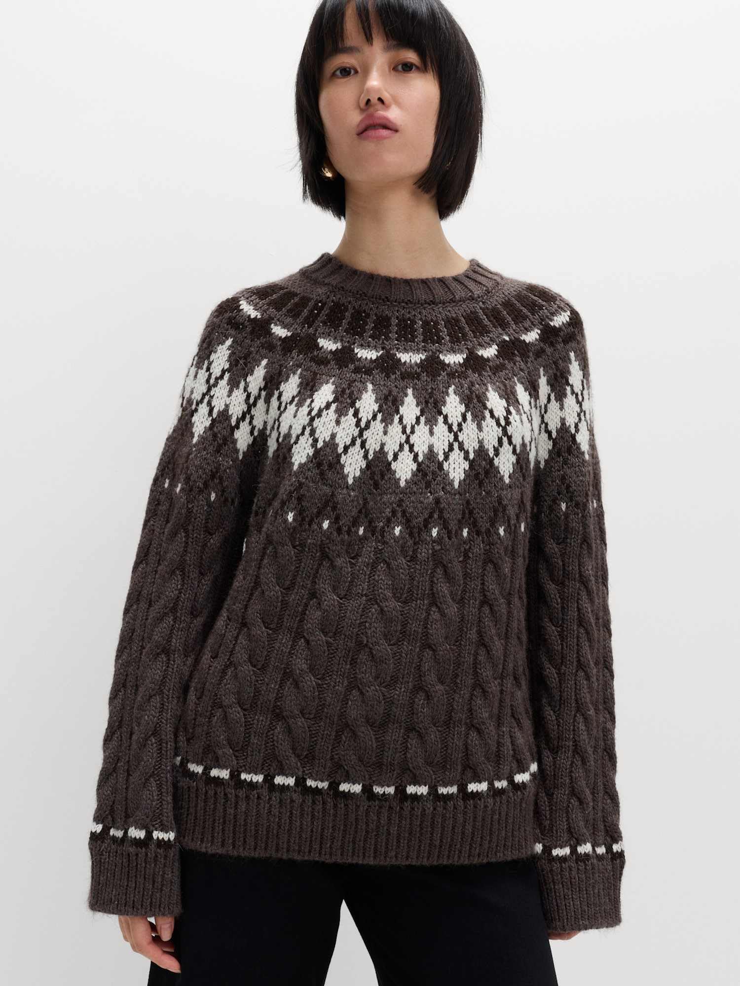 Marks & Spencer Jersey de Punto de Ochos de Cuello Redondo con Diseño Fair Isle para Mujer, Ajuste Normal