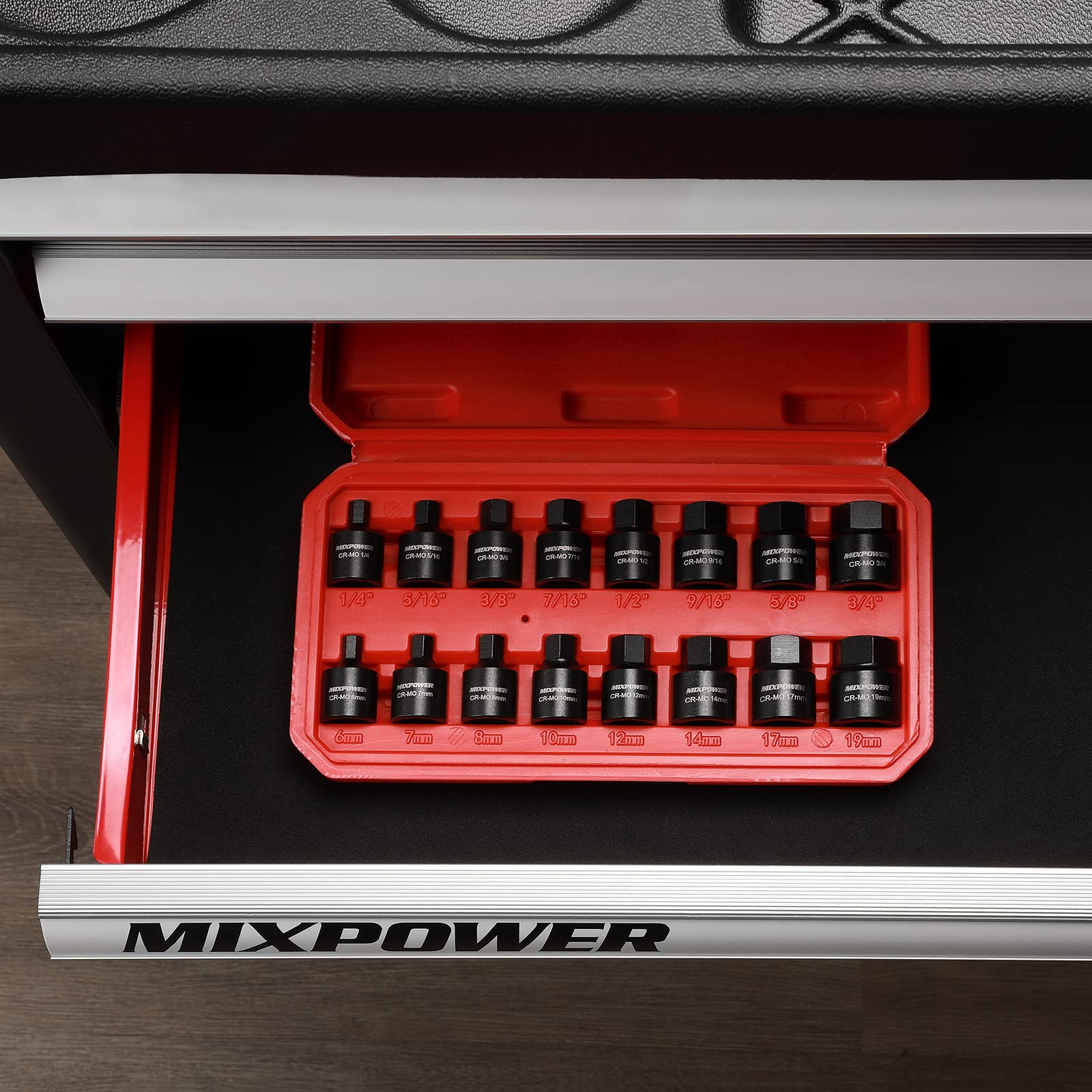 MIXPOWER Juego de controladores hexagonales de impacto de perfil bajo de 3 8 pulgadas 16 piezas SAE métrico hexagonal 1 4 pulgadas 3 4 pulgadas 6 mm 19 mm acero CrMo construcción de una pieza