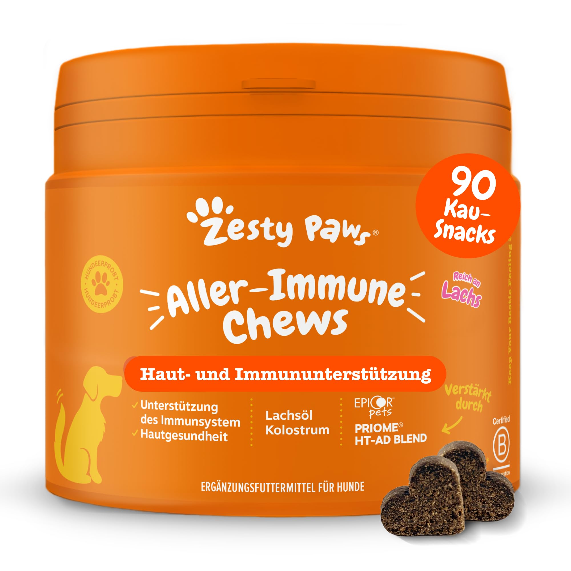 Zesty Paws Aller-Immune Chews for Dogs | Supports Immune Function, Helps Gut, Skin & Coat Health, For Itchy, Dry Skin | Contains Salmon Oil, Prebiotics, Probiotics, Vitamin A | Daily Use | 90 Chews