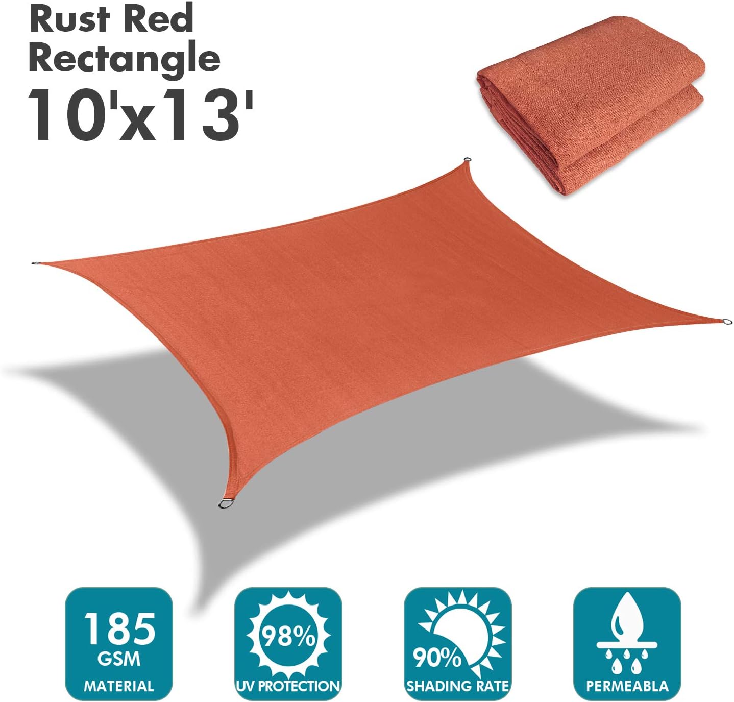 KANAGAWA Sun Shade Sail 10'x13' Rust Red Rectangle UV Block Canopy Awning Shelter Fabric Cloth Screen for Outdoor Patio Garden Backyard Activities