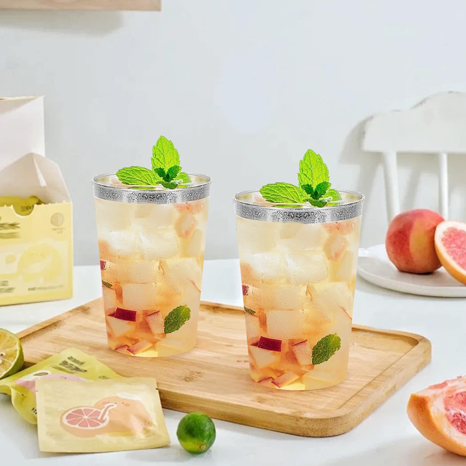 50 bicchieri di plastica con argento, 350 ml, in plastica, riutilizzabili, eleganti bicchieri da vino per champagne e birra, cocktail, martini, soda dessert (Argento)