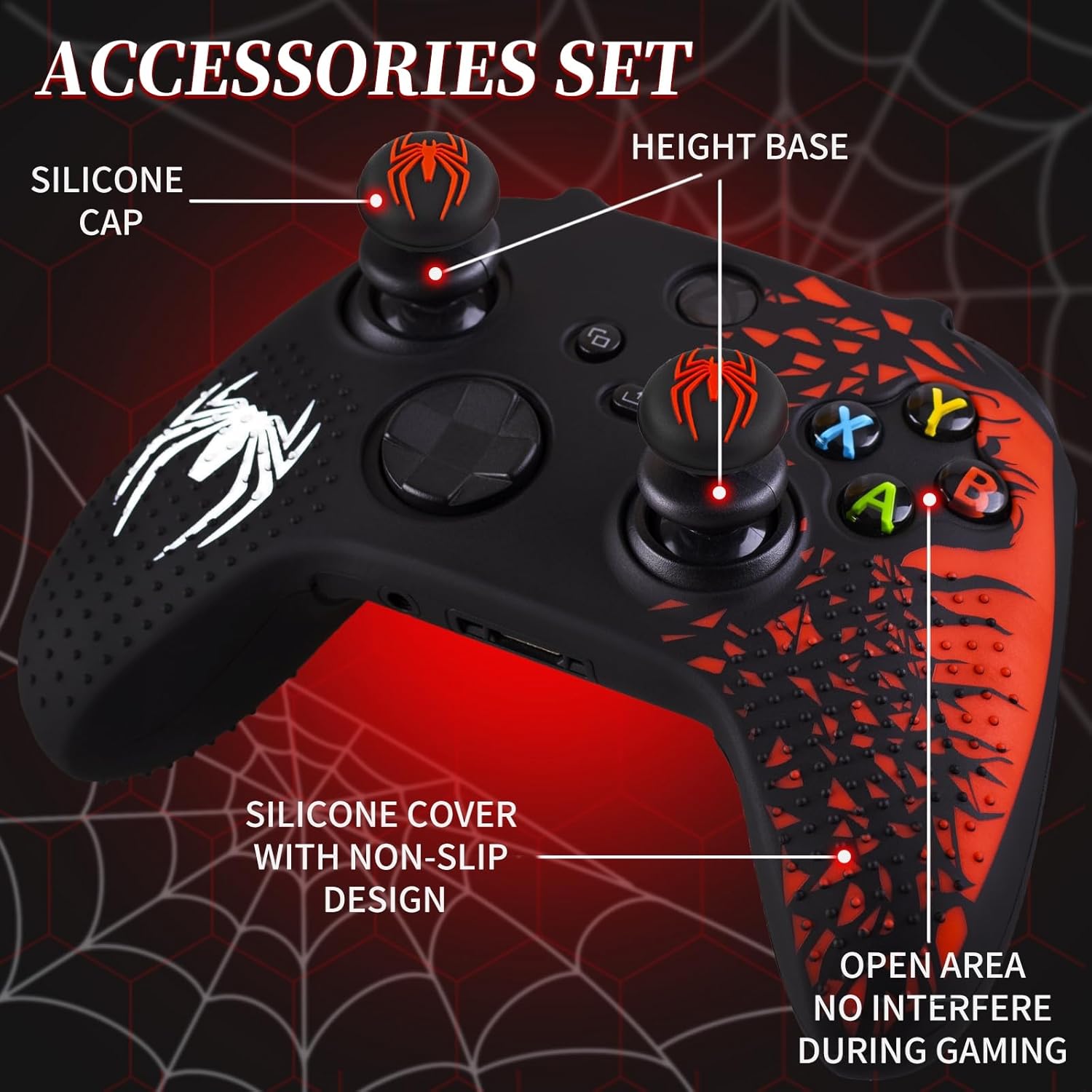 PlayRealm Silicone Skin Cover Sticker x 1 & Extender Grips x 2 for Xbox Series/One Controller Spider Edition Red