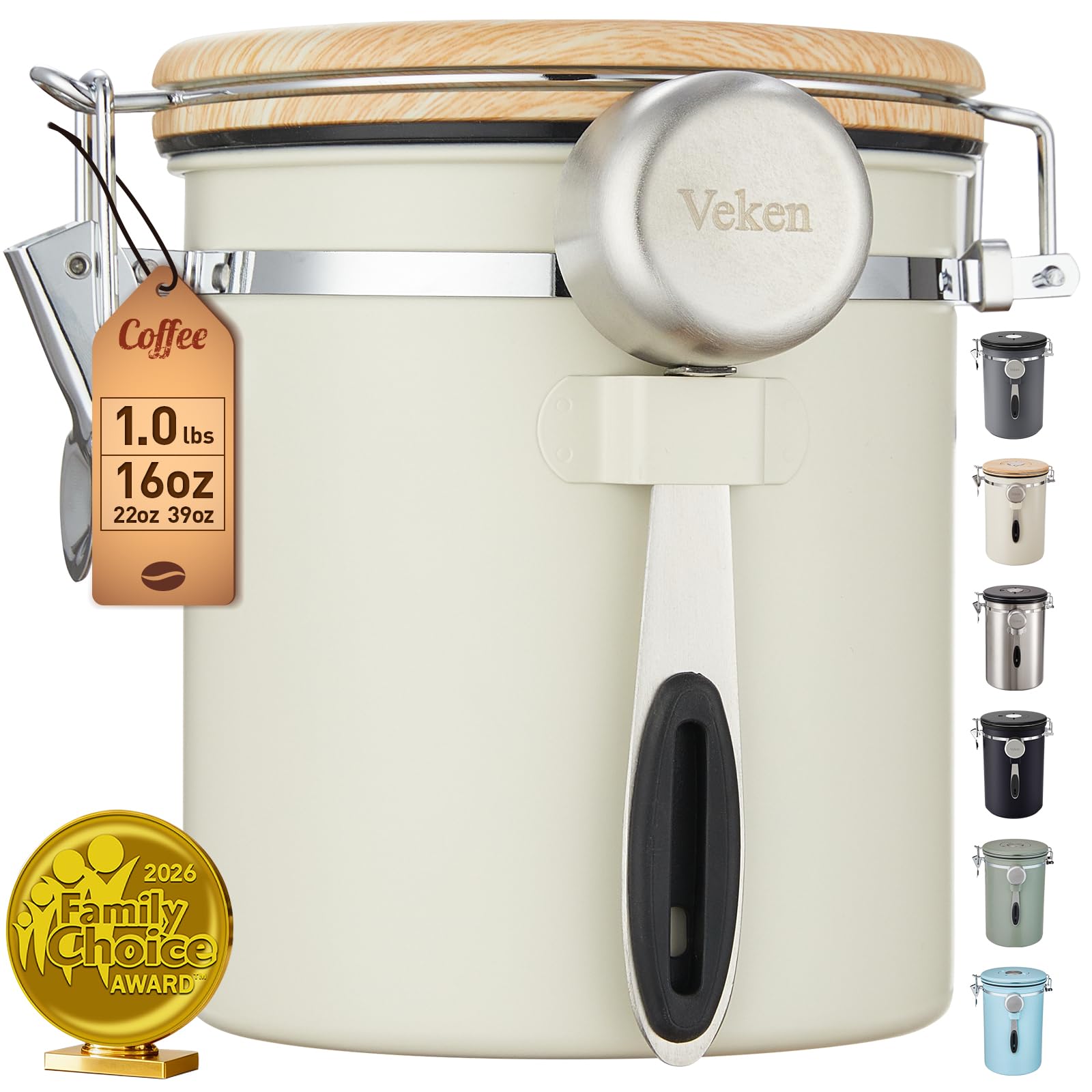 veken coffee canister, airtight stainless steel kitchen food storage container with date tracker and scoop for beans, grounds, tea, flour, cereal, sugar, cookie, 16oz, cream