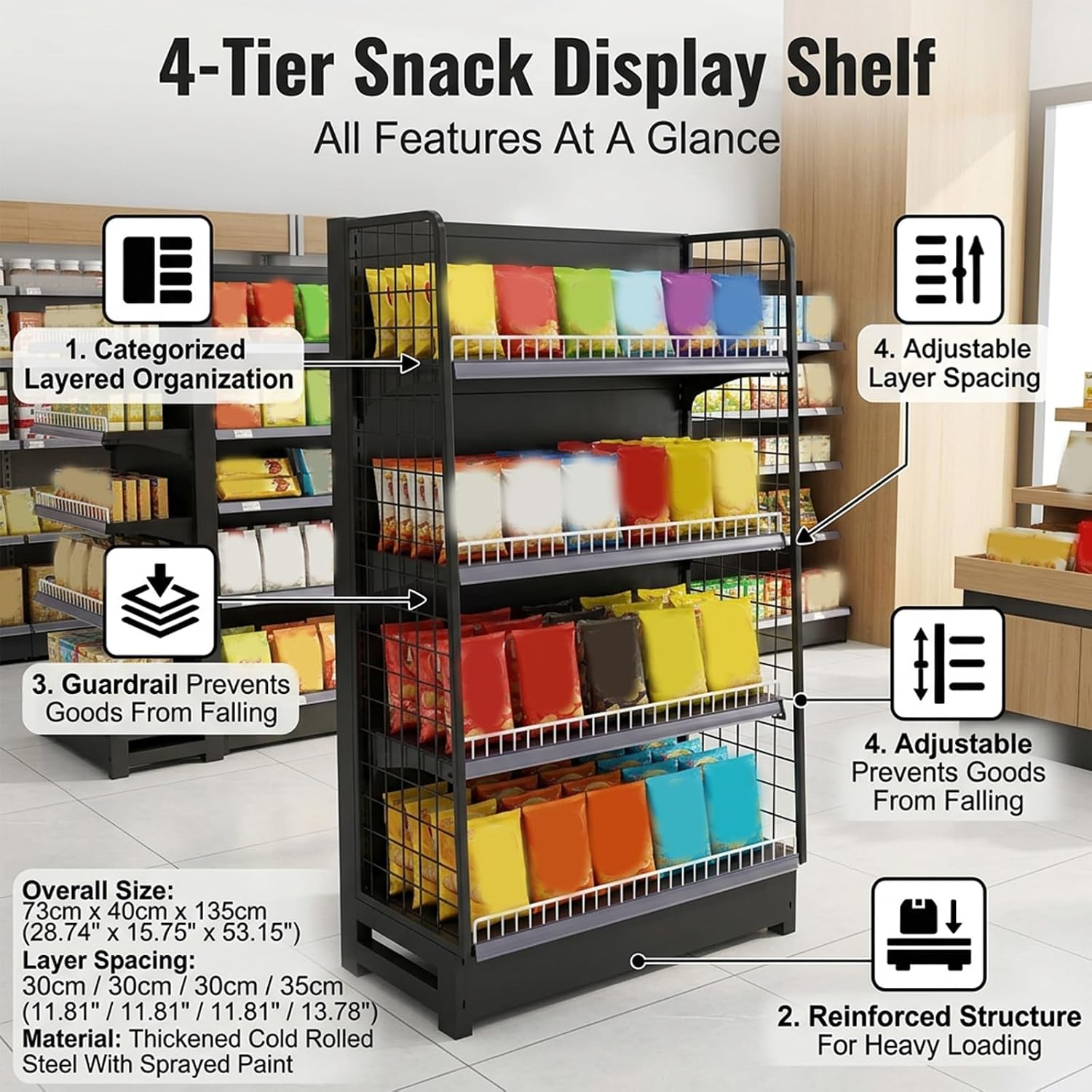 Retail Gondola Shelving Display, Modular Store Fixture Unit with Adjustable Shelves, Heavy-Duty Steel Merchandising Rack for Grocery, Liquor, Retail Shop