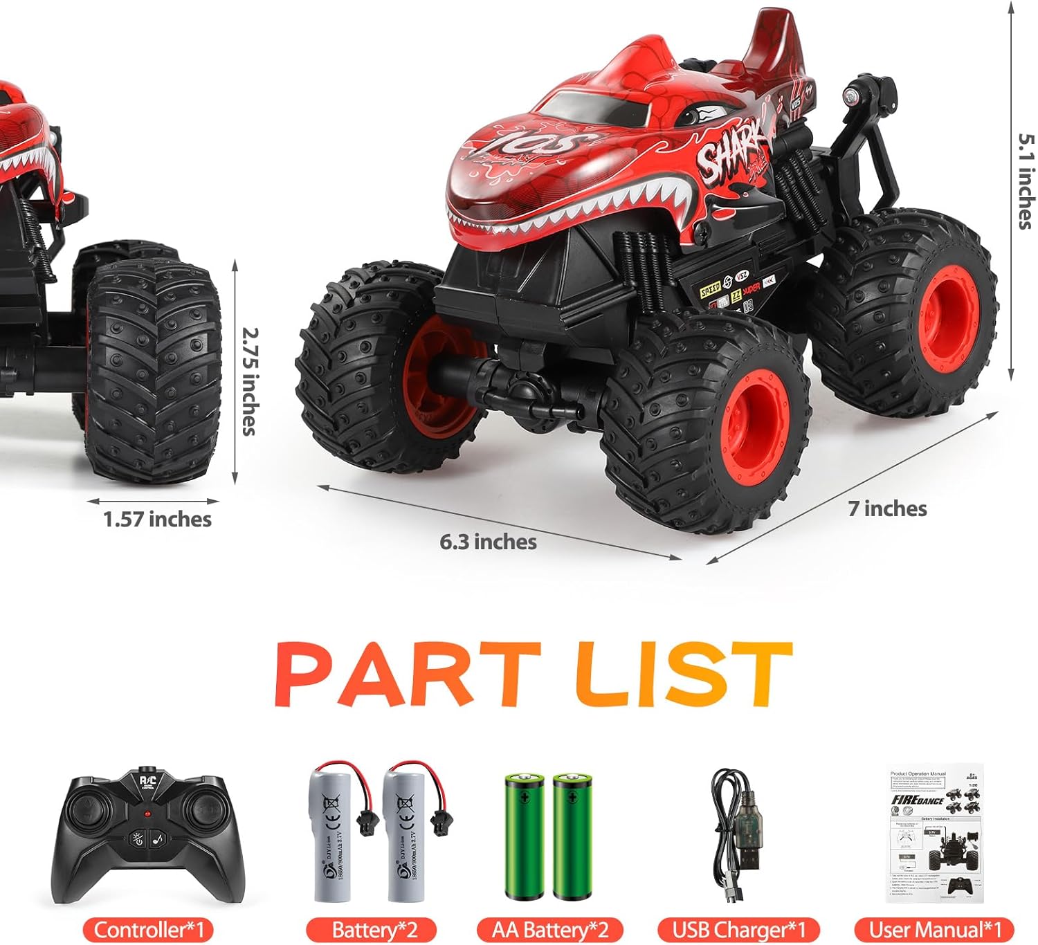 DYODYORC 2.4Ghz Remote Control All Terrain Shark Monster Truck Toys with 2pcs Spare Shells