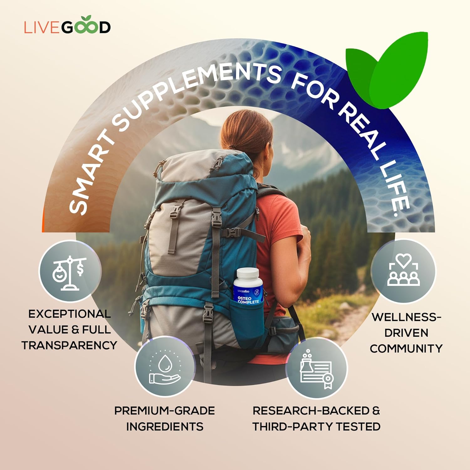 LiveGood Osteo Complete Bone and Joint Support with Highly Absorbable Calcium, Glucosamine, Eggshell Membrane, Boron and Silica for Bone Density, Flexibility and Mobility (90 Capsules)