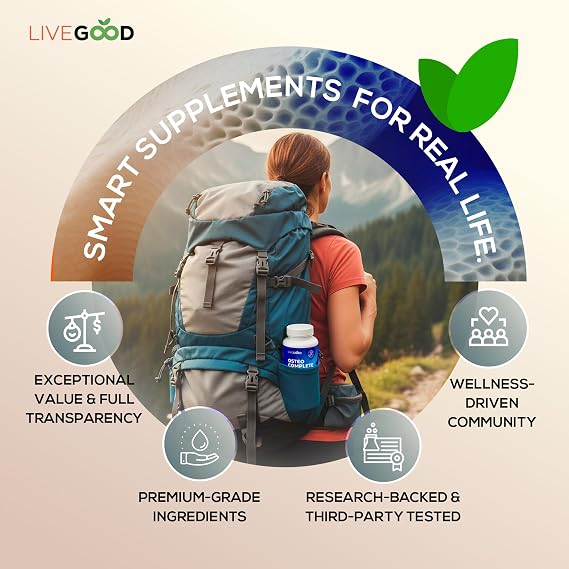 LiveGood Osteo Complete Bone and Joint Support with Highly Absorbable Calcium, Glucosamine, Eggshell Membrane, Boron and Silica for Bone Density, Flexibility and Mobility (90 Capsules)