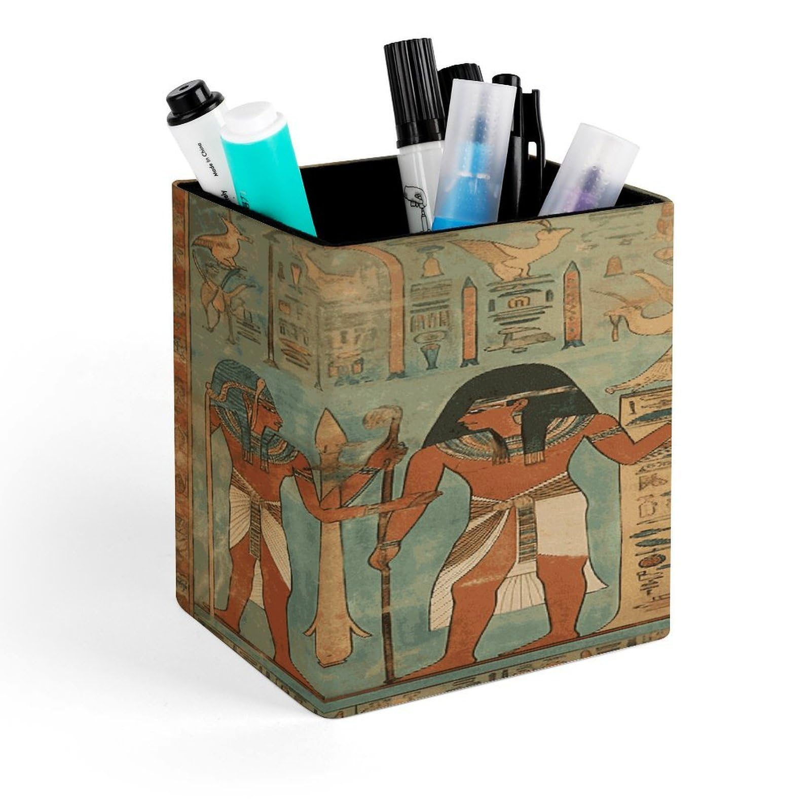 FekiLoot Women in Ancient Egypt Pen Holder for Desk Minimalist Leather Pencil Holder Fashion Modern Pencil Cup Decorative Square Pen Cup Locker Organizer for Office Work Locker Accessories