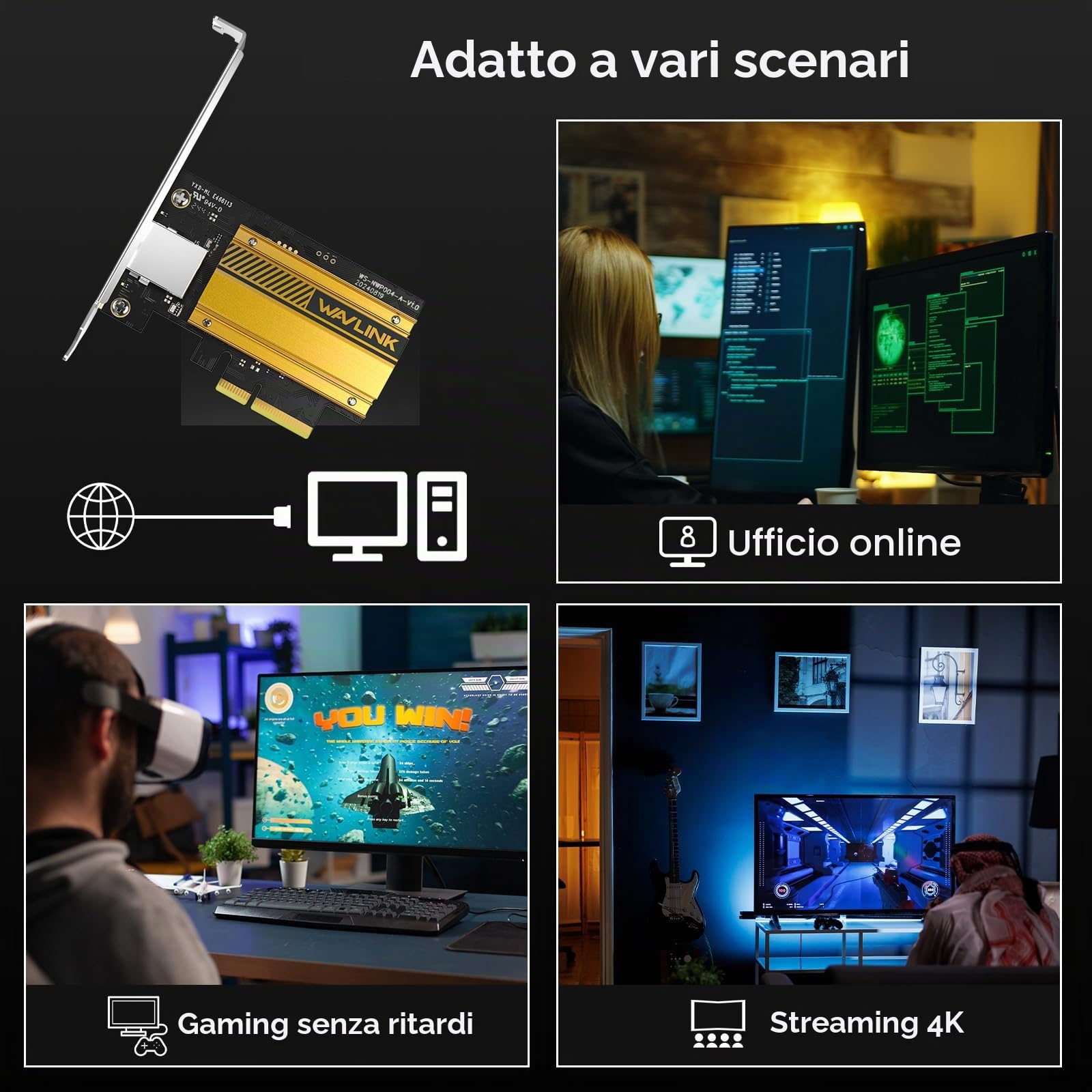 WAVLINK 10G Base-T PCIe Scheda di rete, adattatore Ethernet PCI Express da 10000/5000/2500 Mbps con chip RTL8127, scheda di rete 10G per Windows 11/10 e Linux con staffa a profilo ribassato