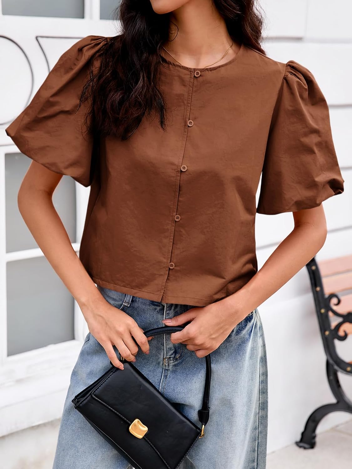 Tankaneo Womens Cropped Tops Puff Sleeve Button Down Shirts Trendy Casual Loose Fit Cute Blouse - Image 3