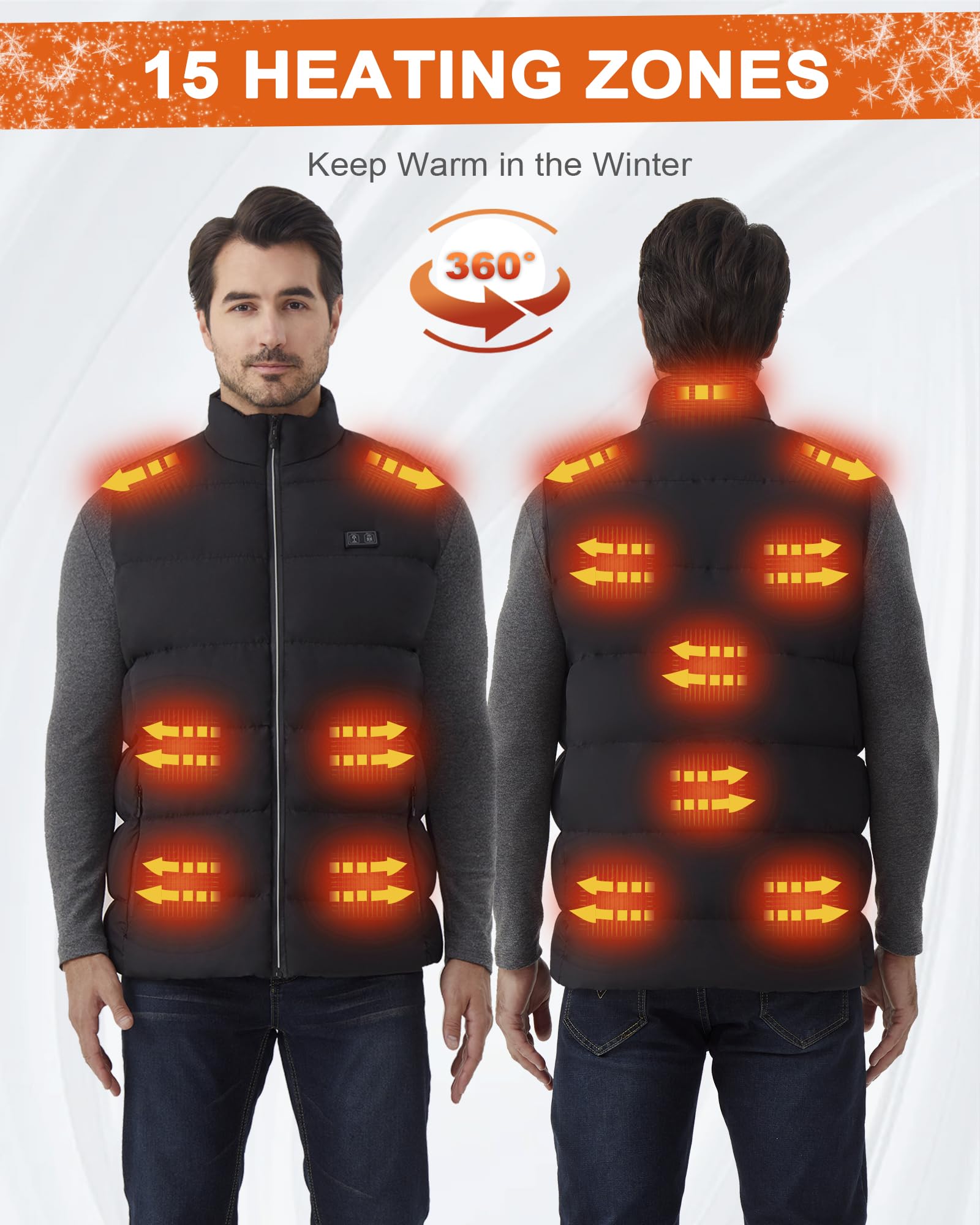 Gilet chauffant électrique pour homme : gilet chauffant USB léger et chaud avec 15 zones de chauffage – Gilet d'hiver intelligent pour femme, pour randonnée, ski (pas de batterie)