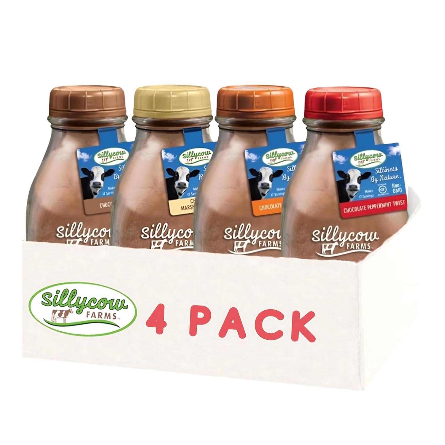 Sillycow Farms Hot Chocolate Variety Pack | Chocolate,Truffle, Moo-Usse & Marshmallow Swirl | Rich Hot Cocoa | Gluten-Free, Non-GMO, Dairy-Free | 16.9 Oz Reusable Glass Bottle - Pack of 4