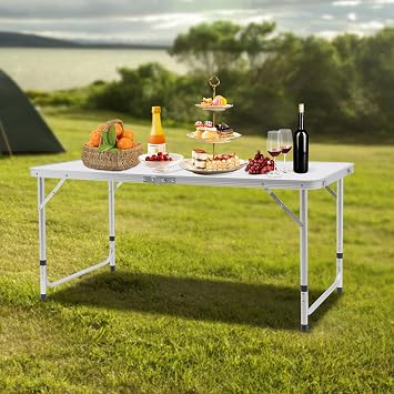 Camping Table, Portable Camping Table Adjustable Height Lightweight w/Handle White Plastic for Outdoor & Indoor Banquet Picnic Camping BBQ, White 47.24 x 24 inch