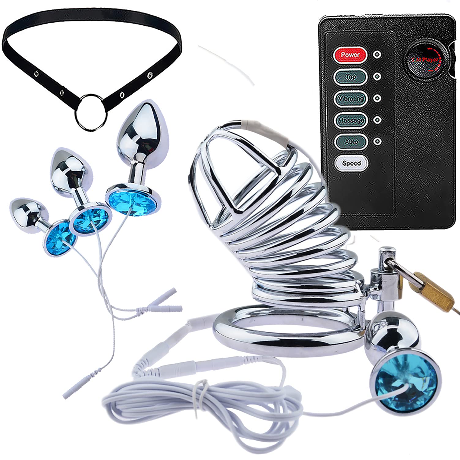 Elektro Schock Peniskäfig Estim Sex Elektro Stimulation Analplug Set Mit Gürtel, Edelstahl Keuschheitskäfig Männliche Keuschheit Schloss Cockringe SM Bondage Cock Cage Sexspielzeug,Schwarz,50mm