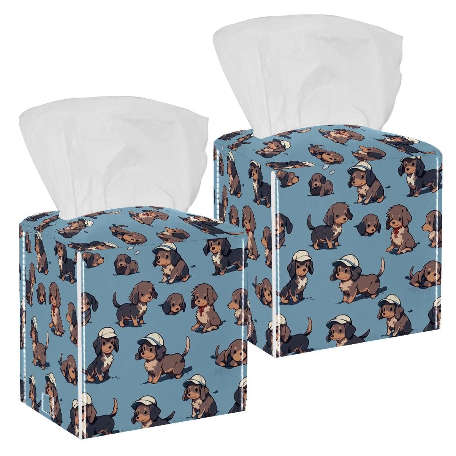 Cartoon Dog Tissue Box Cover, 2 Pack PU Leather Square Facial Tissue Dispenser Box holder for Home Office Car