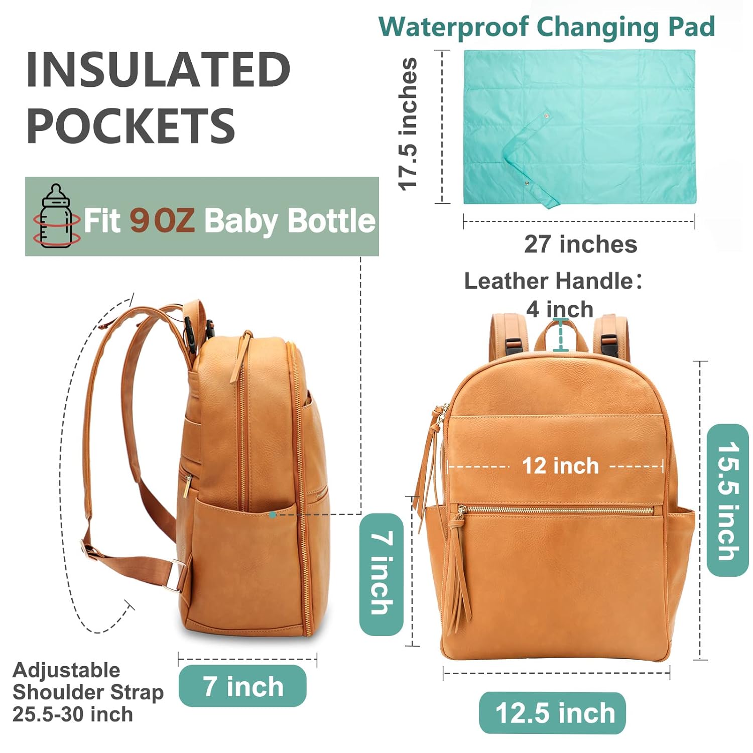 MOMINSIDE Diaper Bag Backpack, Diaper Bag Organizing Pouches Set of 4 Leather Baby Bag with 6 Insulated Pockets for Mom Dad, Baby Registry Search, Changing Station, Stroller Straps, Large Capacity