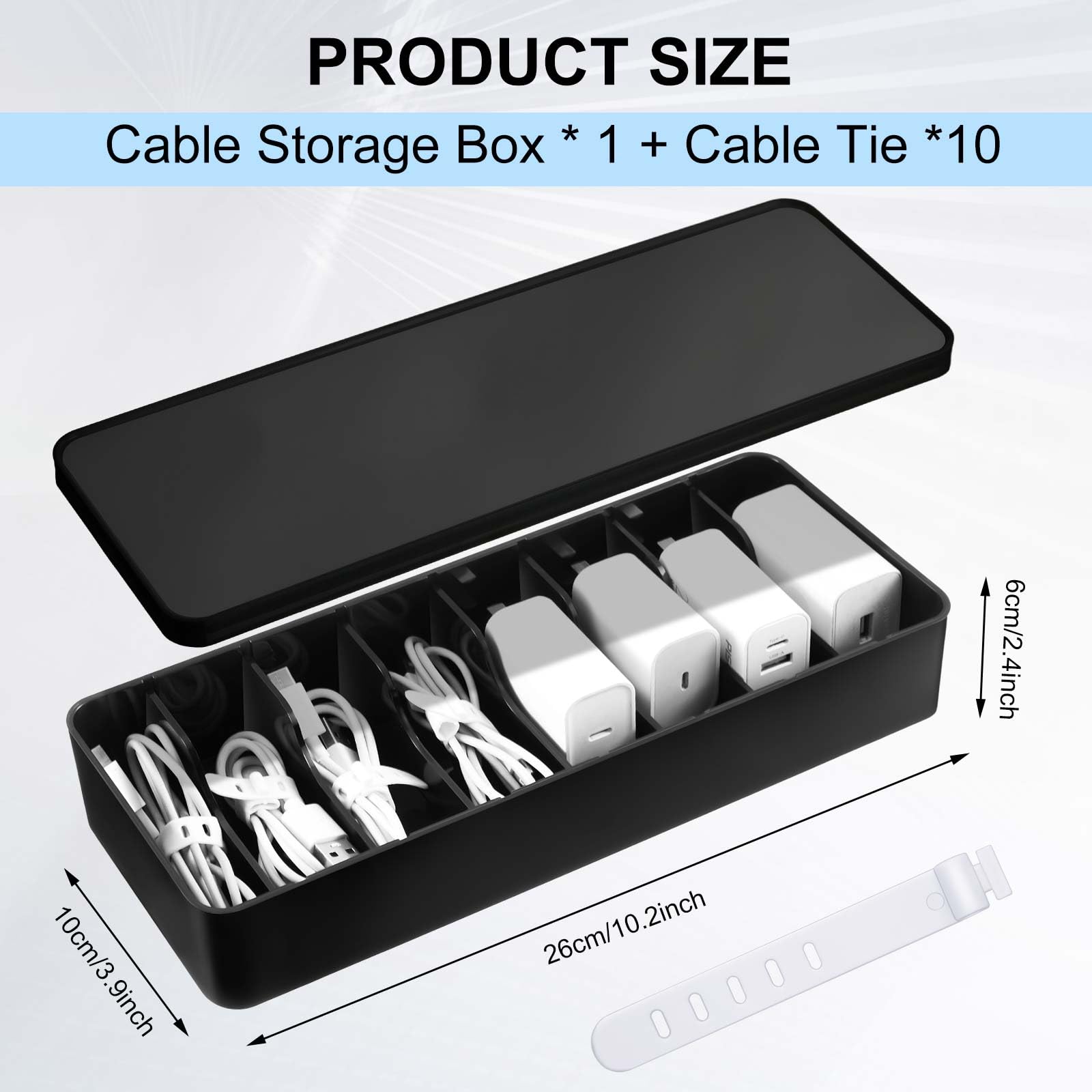 Cable Organizer Box With Wire Ties - Clear Plastic Cord Storage With Adjustable Partitions For Desk Organization