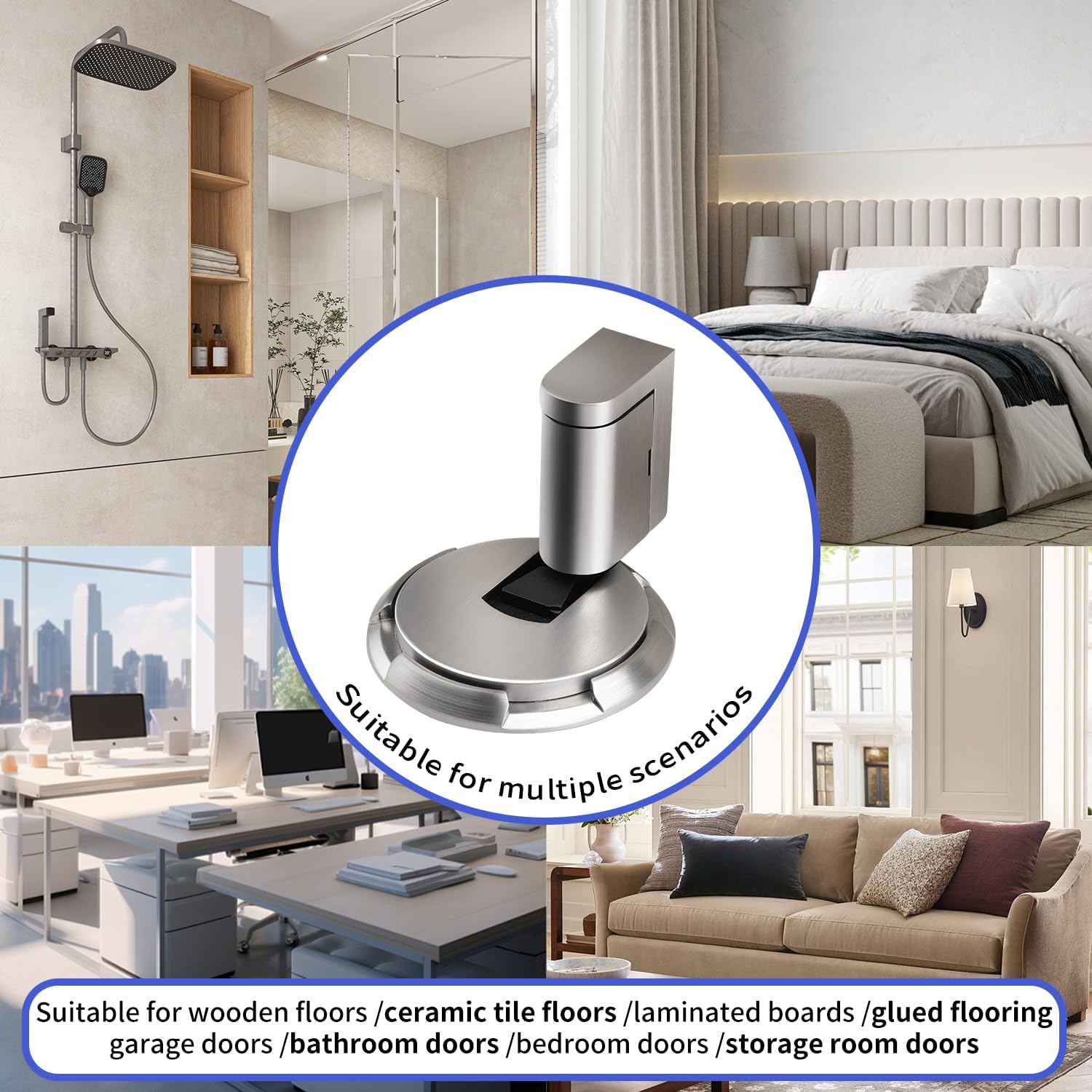 Mechanical Door Stop - Adjustable Height Door Stopper, Windproof/Removable, Indoor Heavy Duty Floor Door Stop Keeps Door Open, with Screws and Rubber Pads (2 pcs, Silver)