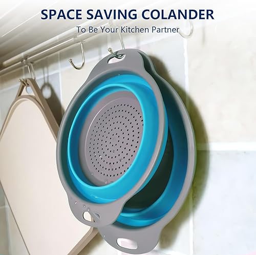 Miniatura 6 de Juego de 3 coladores plegables – Resistente al calor lavado y drenaje de verduras, frutas, pasta, perfecto para cocina y viajes (3 unidades, azul)