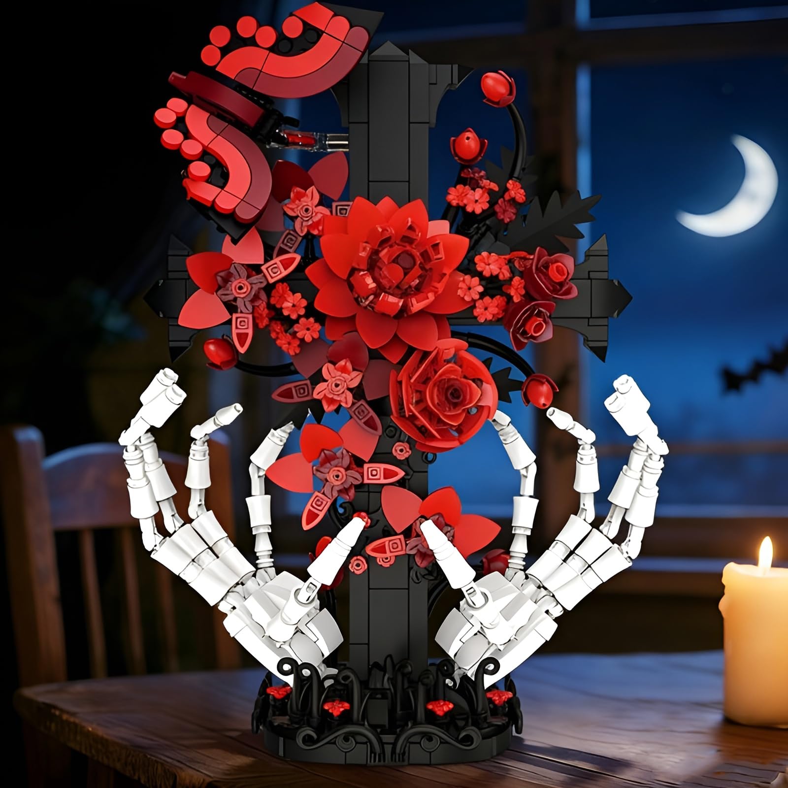 Cráneo de cruz gótica manos con rosas bloques de construcción, 901 piezas Cruz flor kit de construcción para adultos, colección botánica modelo de juguete, regalos únicos estilo romántico oscuro