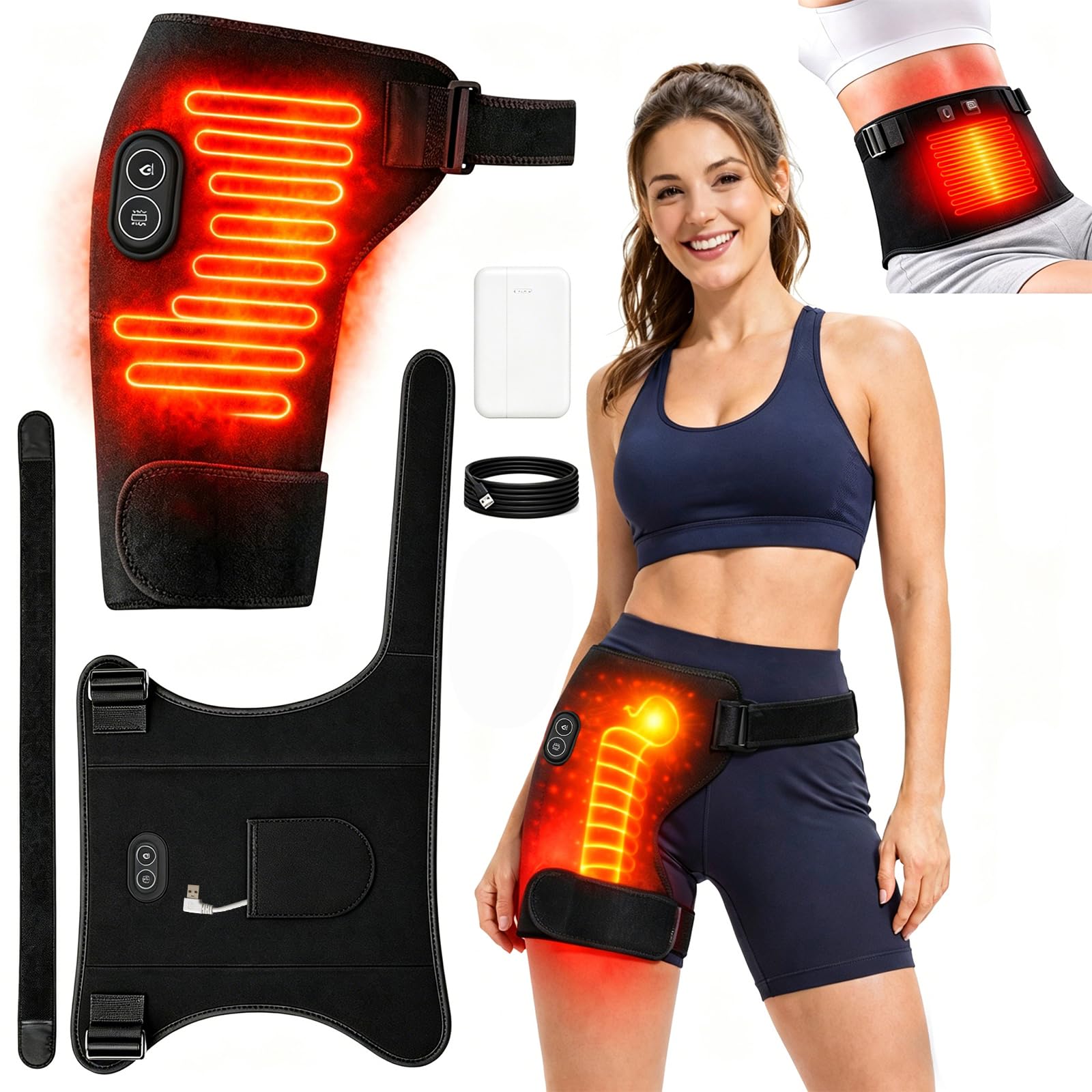 Photo 1 of 2-in-1 Hip Heating Pad with Massage for Pain Relief & Sciatica Support, Wearable Adjustable Hip & Thigh Brace with 5000ml Portable Power Bank, Women Men Heated Hip Brace for Home Office