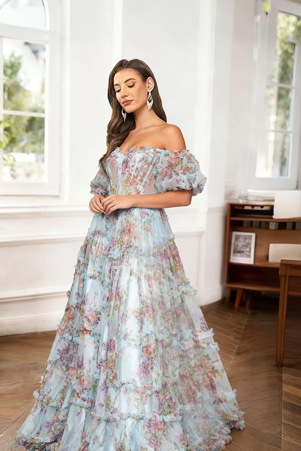 Women Off The Shoulder Ball Gown Dresses Floral Ruffle Tiered Quinceanera Dresses Tulle Sweet 16 Dress with Bow