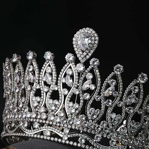 Miniatura 9 de Tiara de boda grande de circonita cúbica, corona de concurso de princesa real para novia, quinceañera, fiesta de graduación, circonita cúbica