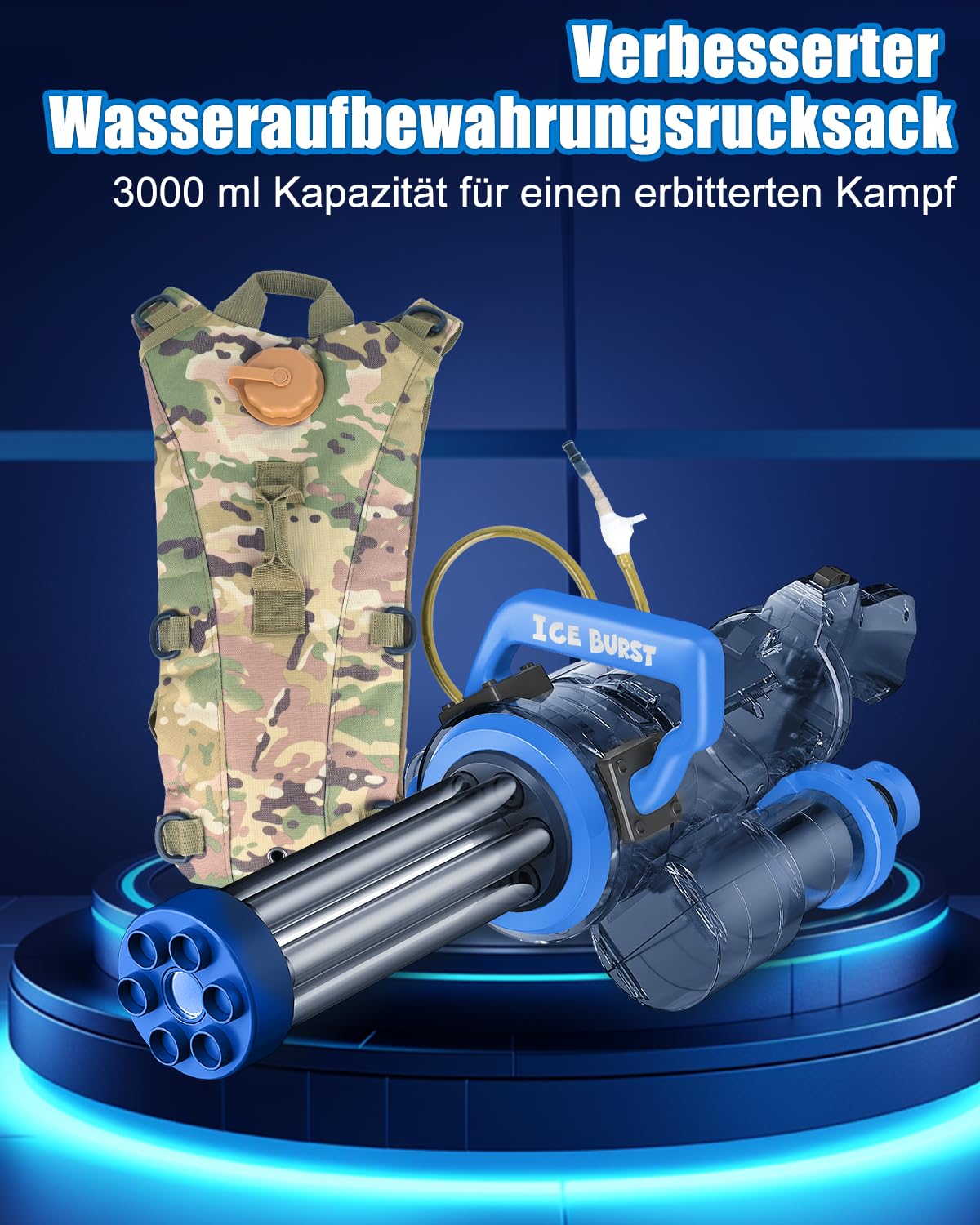 Gatling Elektrische Wasserpistole, Hochleistungs-Automatik-Wasserpistole mit großem Rucksackvolumen, Reichweite bis zu 8, beeindruckende Mündungsfeuer-Effekte für Erwachsene und Kinder (Blau)
