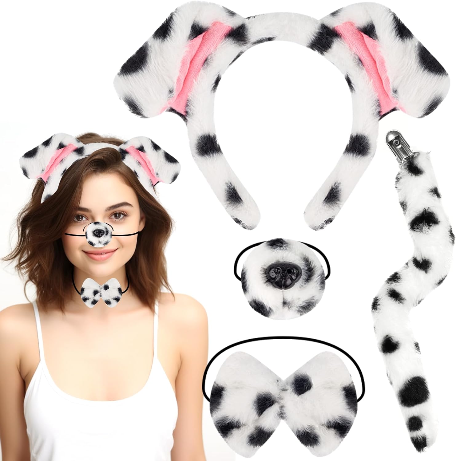 Diadema de orejas de animal de peluche, nariz, moño y cola