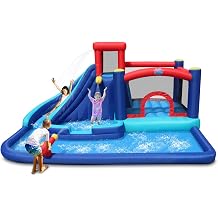 Action Air Inflatable Water Slide for Kids, Backyard Water Park with Big Bouncy Area, Splash Pool, Long Slide, Water Cannon & Sprinkler, 193x138x91 Inch Outdoor Bouncy Castle for Summer Party Fun