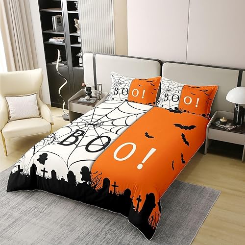 Miniatura 2 de jejeloiu Juego de funda de edredón de Halloween 100% algodón para niños y niñas, juego de funda de edredón de tela de araña, tamaño King, juego de