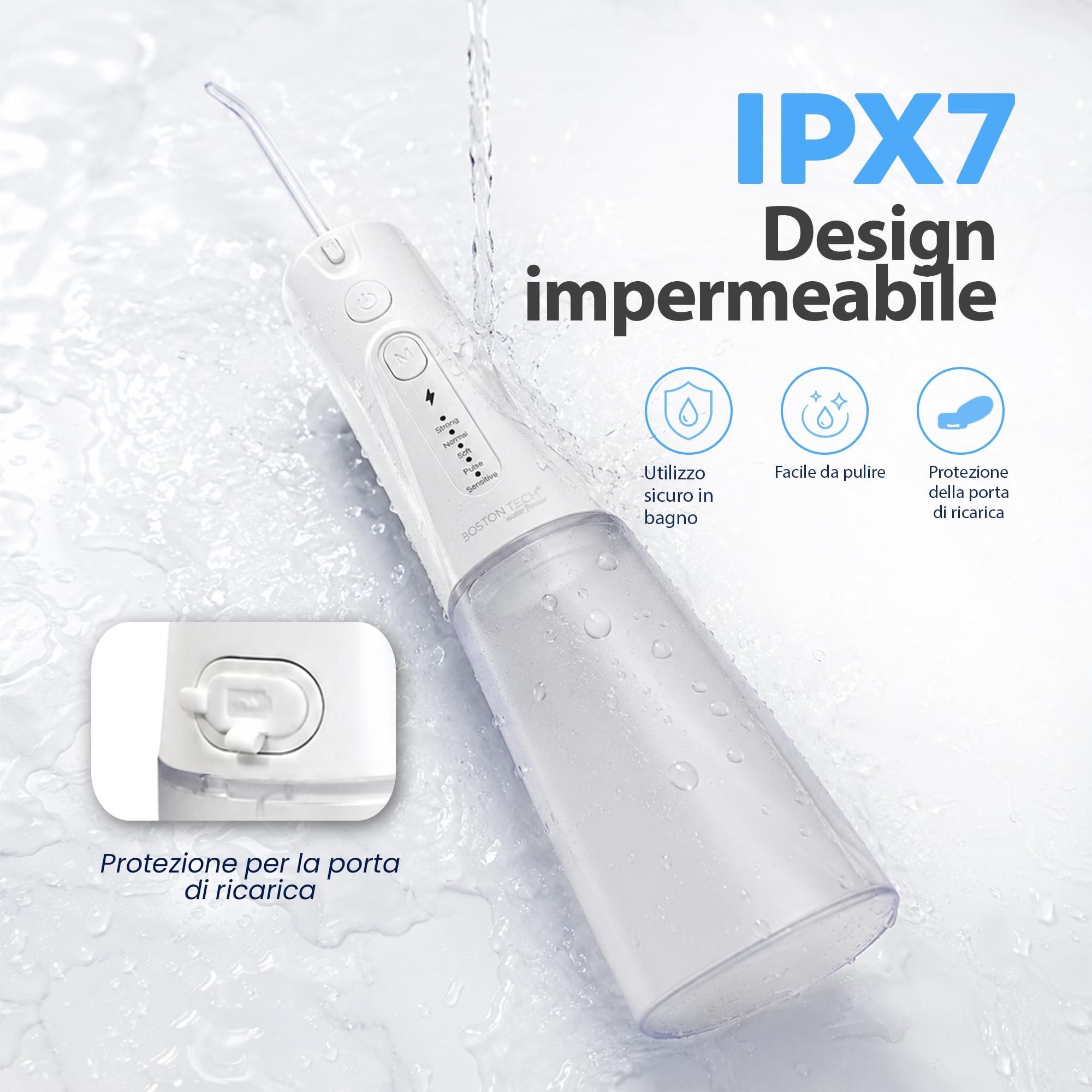 Ultracare Plus - Irrigatore orale professionale con 5 modalità, 8 ugelli, serbatoio acqua da 250 ml, ricaricabile tramite USB, borsa da viaggio inclusa (bianco)