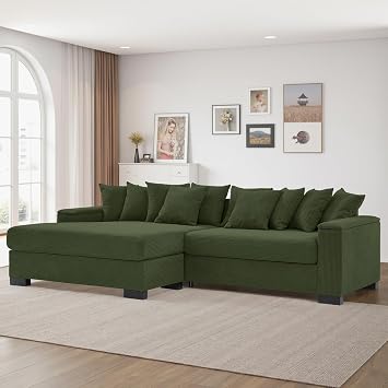 Modular Sectional Sofa, 110 L-Shaped Couch with Comfy Convertible Chaise Lounge, Minimalist Modular Sectional Couches for Living Room, Corduroy Green